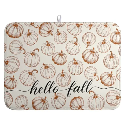 Verified Hello Fall Dish Drying Mats Thanksgiving Pumpkin Dish Mat Autumn Drying Matt Dishes Dryer Pad for Kitchen Counter Absorbent Microfiber Washable Foldable Reusable 18×24 in Recyclable