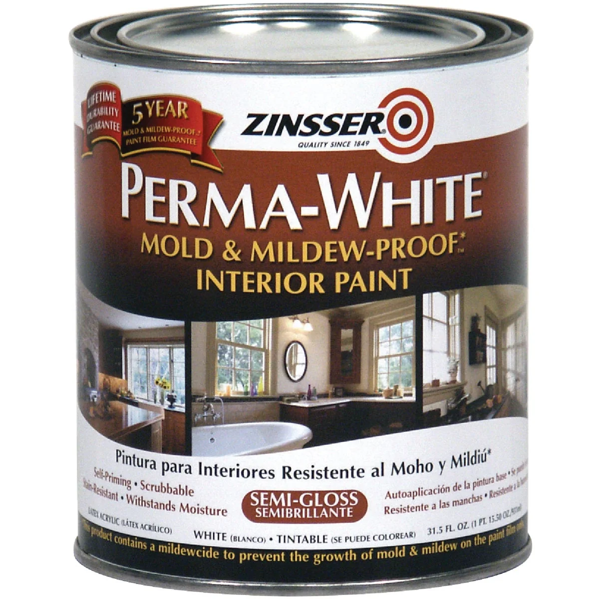 Solid Zinsser Perma-White White-Tintable Semi-Gloss Quart Mildew Paint High-Grade