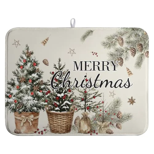 Modern Merry Christmas Dish Drying Mats Winter Xmas Tree Dish Mat Snowflake Drying Matt Dishes Dryer Pad for Kitchen Counter Absorbent Microfiber Washable Foldable Reusable 18×24 in Luxury
