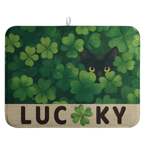 Versatile St Patricks Day Spring Shamrock Dish Drying Mats St Patrick’s Day Dish Mat Cute Cat Drying Matt Dishes Dryer Pad for Kitchen Counter Absorbent Microfiber Washable Foldable Reusable 18×24 in Innovative