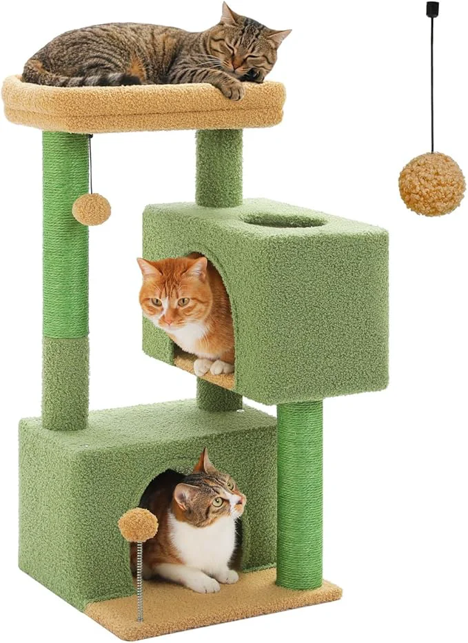 Recyclable 32 Cactus Cat Tree Tower for Indoor Cats – 2 Cozy Condos Multi-Level Cat Scratching Posts with Sisal Soft Padded Perch 2 Dangling Toys GreenAbout ThisOverview Powerful
