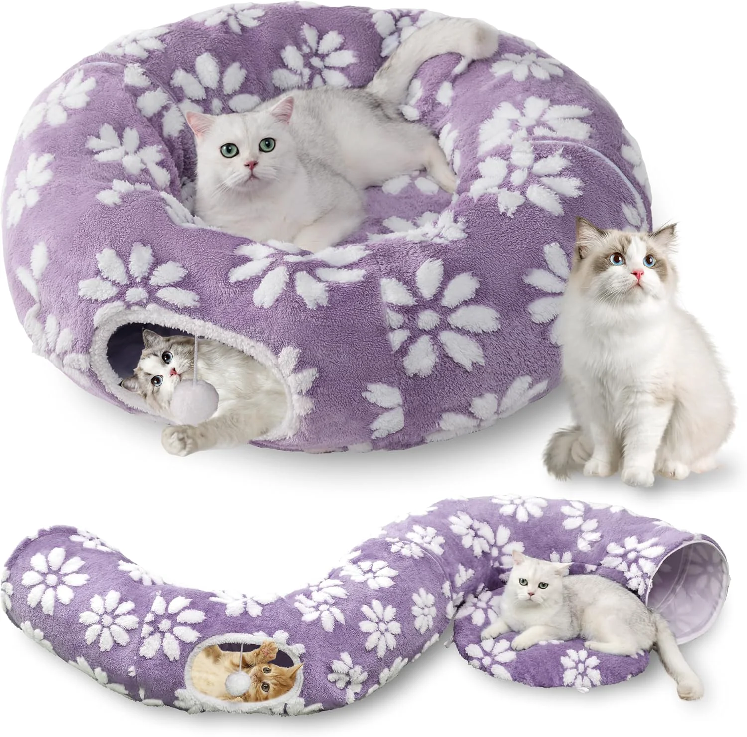 Organic Cat Tunnel for Indoor Cats Cute Peekaboo Cat Cave with Dangling Balls Pet Donut Tunnel Bed with Circle Mat for Puppy Kitten Rabbit Purple Next-Generation