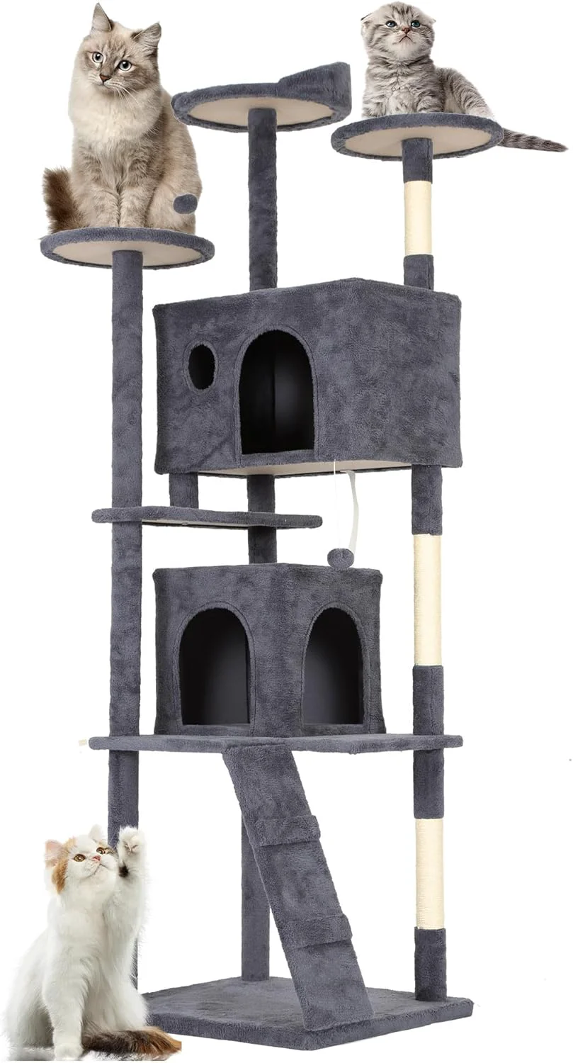 Convenient FDW Cat Tree Tower 81in Multi-Level Durable Cat Scratching Post Cozy Fun Jumping Platform Space Saving Condo Pet Play House for Indoor Cats Dark Gray Natural