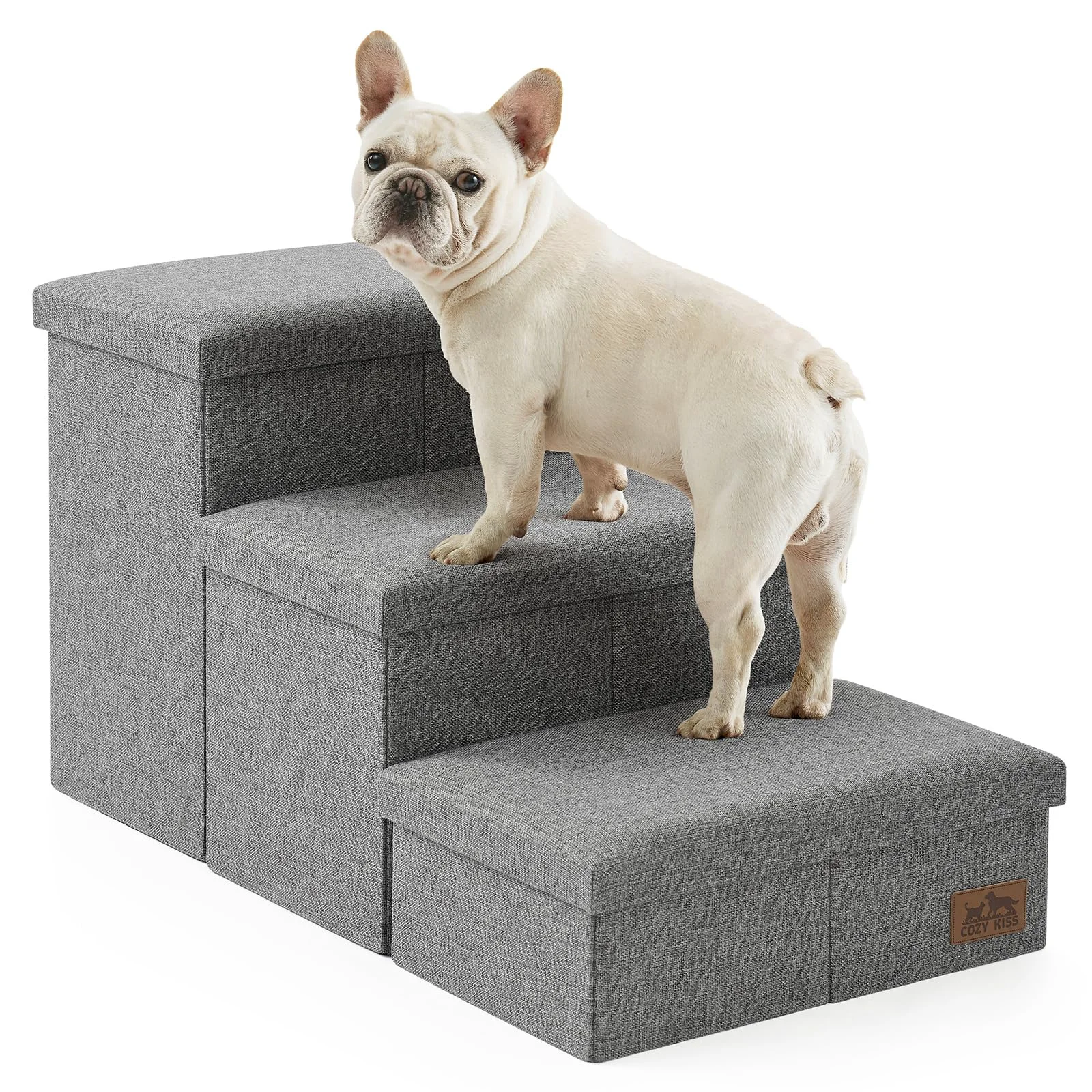 Elegant COZY KISS Dog Stairs with Storage — 3-Step Wider Sturdy 180 lb Comfortable