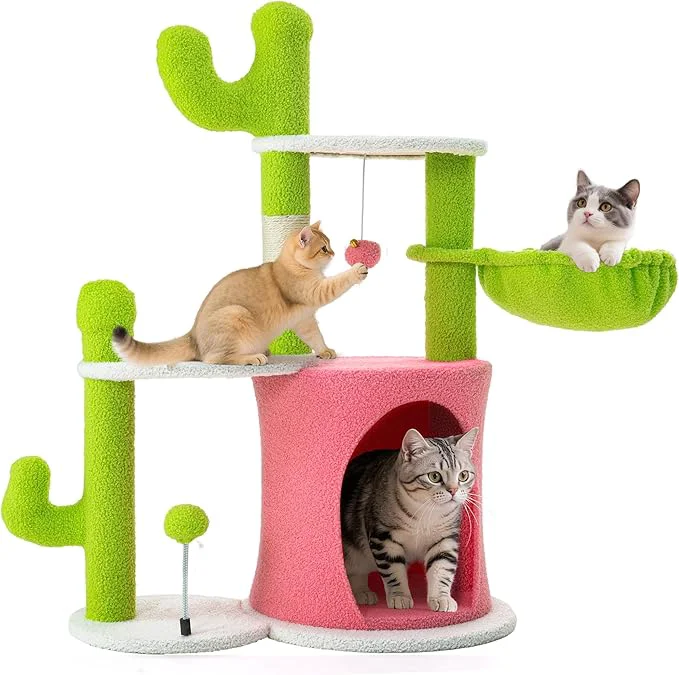 Exclusive YITAHOME Cactus Cat Tree 36 in Cats Tower for Indoor Kittens with 2 Platforms Scratching Post Spring Ball Hanging Ball Hanging Basket Green PinkAbout ThisOverview Solid