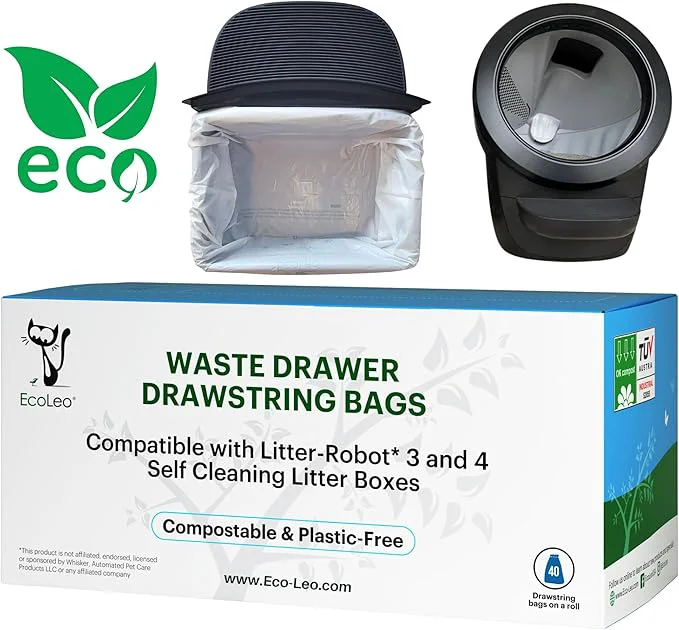 Easy-to-Use EcoLeo Compostable Cat Litter Box Liners for Automatic Litter Box Compatible with Litter-Robot 4 3 Leo’s Loo Too Catlink Plant-based Drawstring Liner Bags for Waste Drawer Improved ThickerAbout ThisOverview Convenient