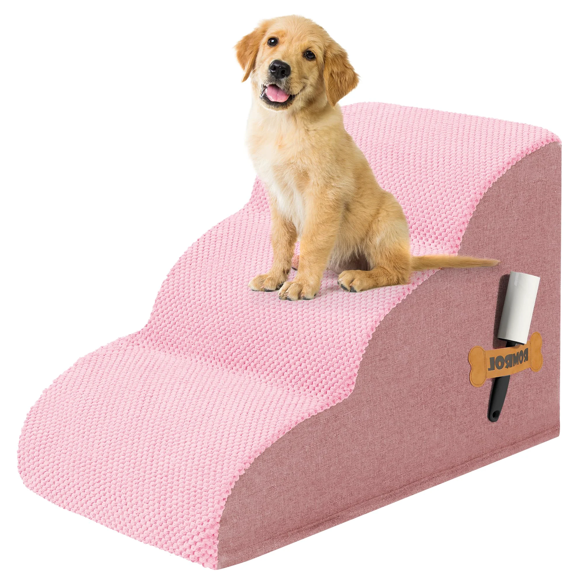 Premium ROMROL Dog Stairs Ramp 3-Step Pink 15-Inch — High-Density Foam Non-Slip Waterproof Cover High-Grade