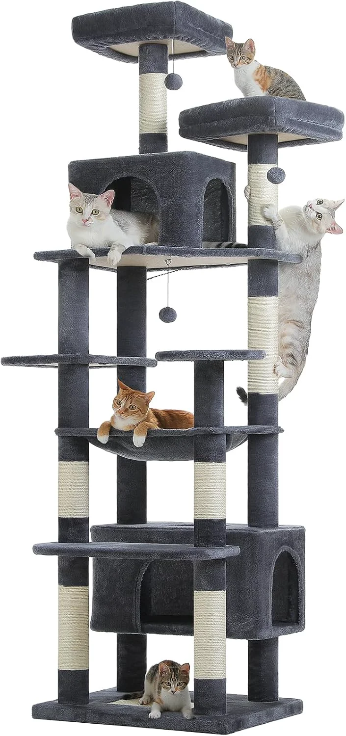 User-Friendly PAWZ Road Heavy Duty Cat Tree for Large Cats 81 Inches Tall Cat Tower with 2 Perches 2 Condos and Spacious Hammock XL Extra Large Condo with 7 Scratching Posts for 20lb Adult Cats Dark Gray Organic