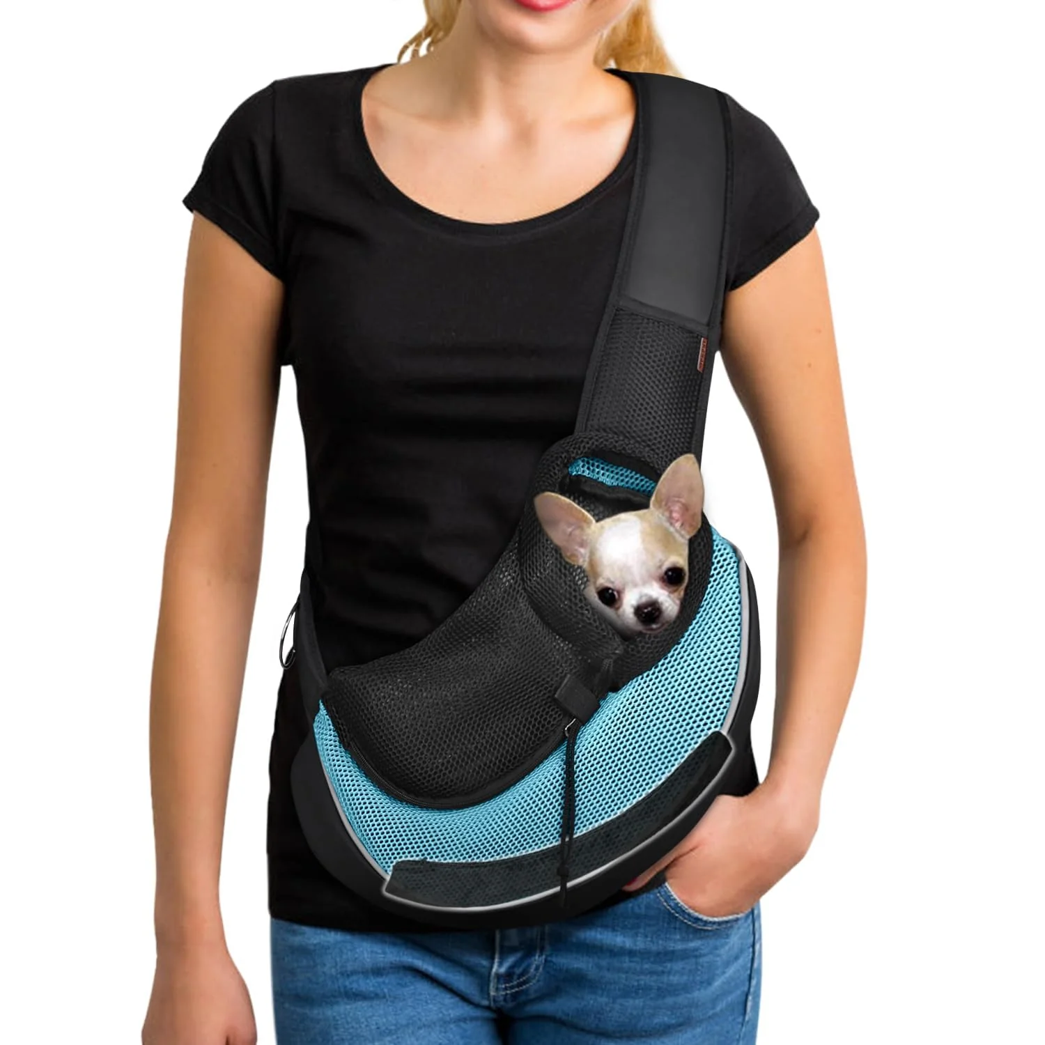 Fine YUDODO Pet Sling Carrier for Small Dogs Cats — Hands- Safety Hook Reflective Strip Cyan 3.0 M Prestigious