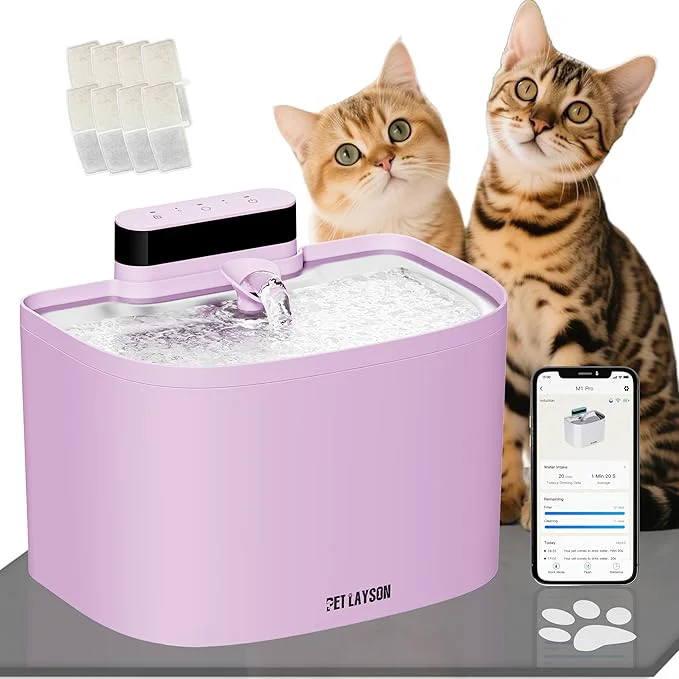 Optimized PET LAYSON Pumpless Cat Water Fountain App Remote Control Smart Cordless Battery Operated 3.6L 122oz Wireless 2.4GHz Wi-Fi Networks Rechargeable Water Dispenser Pink M1Pro-8 Filter About ThisOverview Refined