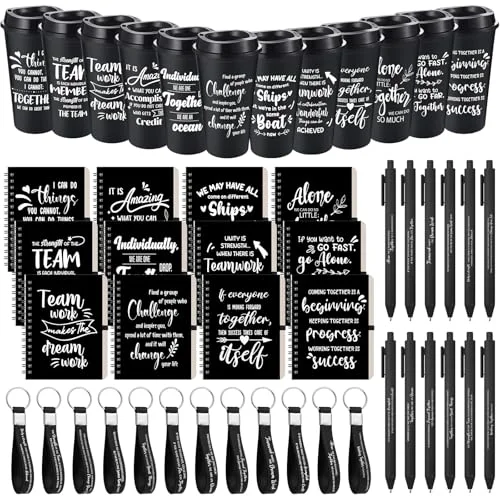 Authentic 12 Set 48 Pcs Team Appreciation Gift Set Inspirational Employee Appreciation Gift Bulk 16 oz Coffee Cups with Team Notebook Pen Keychains for Staff Teacher 12 Count Organic