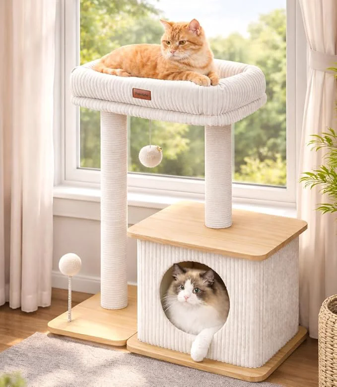 Pure Modern Cat Tree for Indoor Cats Nordic Loft Style Wooden Cat Tower with Sisal Scratching Posts Soft Padded Beds Cozy Condos Floor-Mounted for Kittens Adult CatsAbout ThisOverview Smart