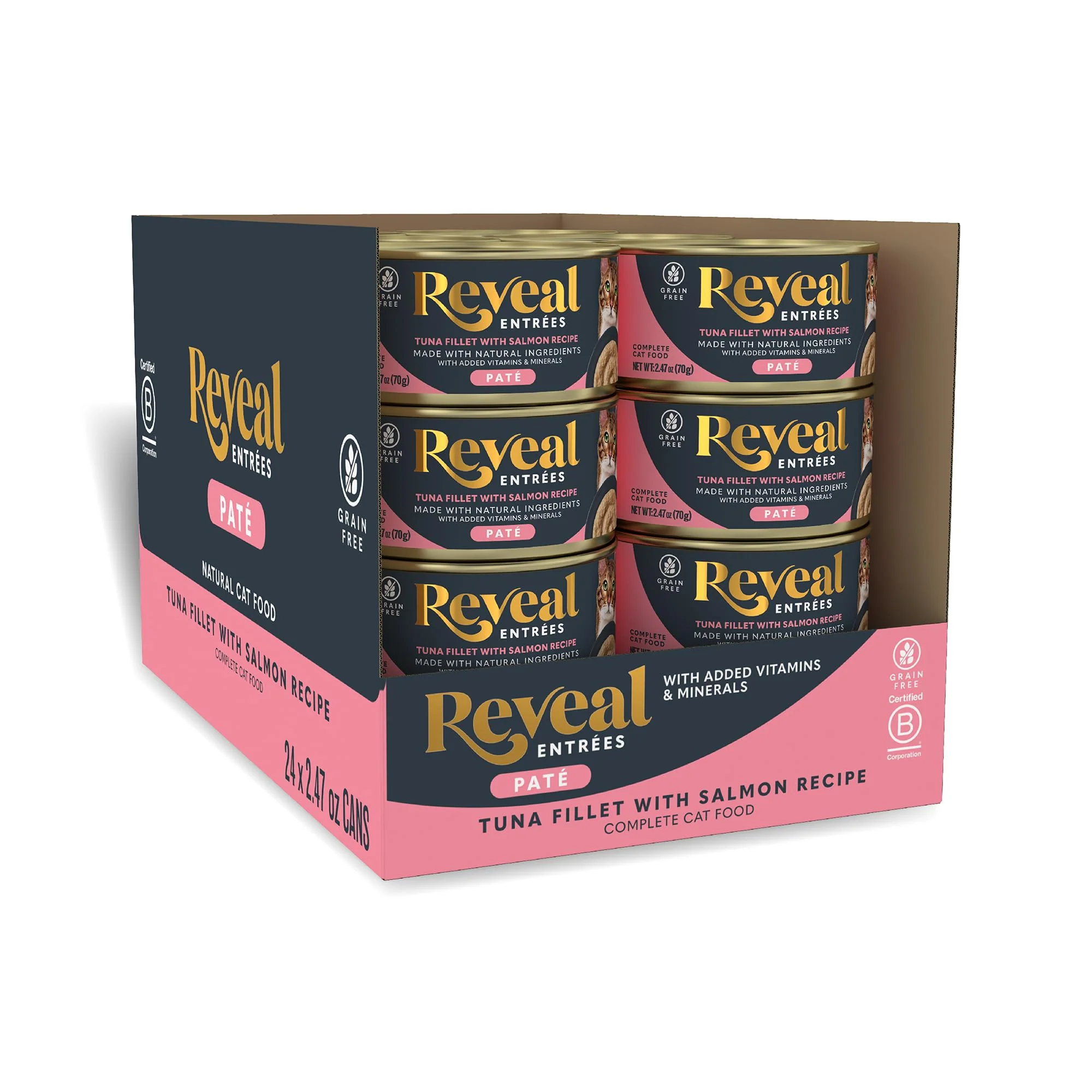 Quality Reveal Entrées Natural Wet Cat Food Paté — Grain- Carrageenan- High-Protein Tuna Salmon Paté 24 x 2.47 oz Cans Outstanding