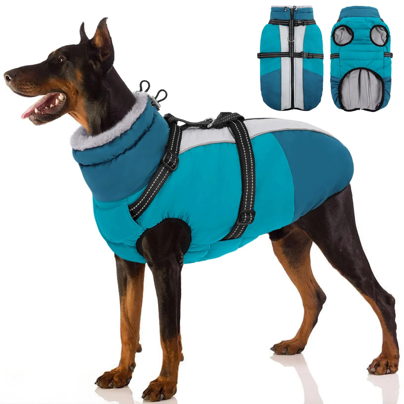 Safe SUNFURA Dog Coat with Built-In Harness — Waterproof Winter Jacket for XXL Turquoise Dogs Consistent