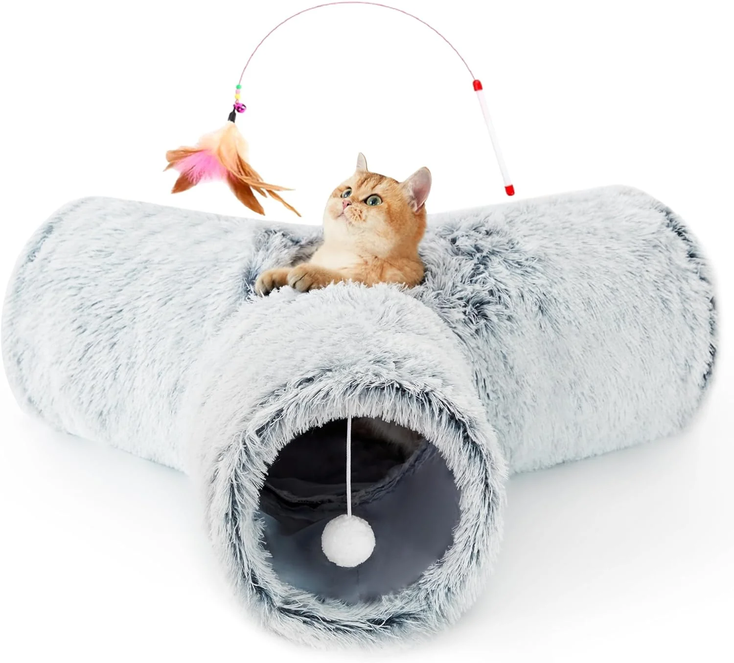 Breathable Tempcore Plush Pet Cat Tunnel Tube Cat Toys 3 Way Collapsible Tunnels for Indoor Cats，Kitty Tunnel Bored Pet Toys Peek Hole Toy Ball Puppy Kitty Kitten Rabbit Light Grey Expertly Made