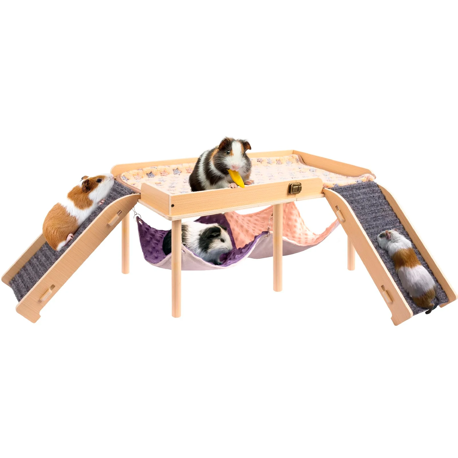 Smooth BESNEW Enlarged Guinea Pig Hammock with Platform Stairs – Foldable Wooden Hideout 24L x 12W x 11H Detailed
