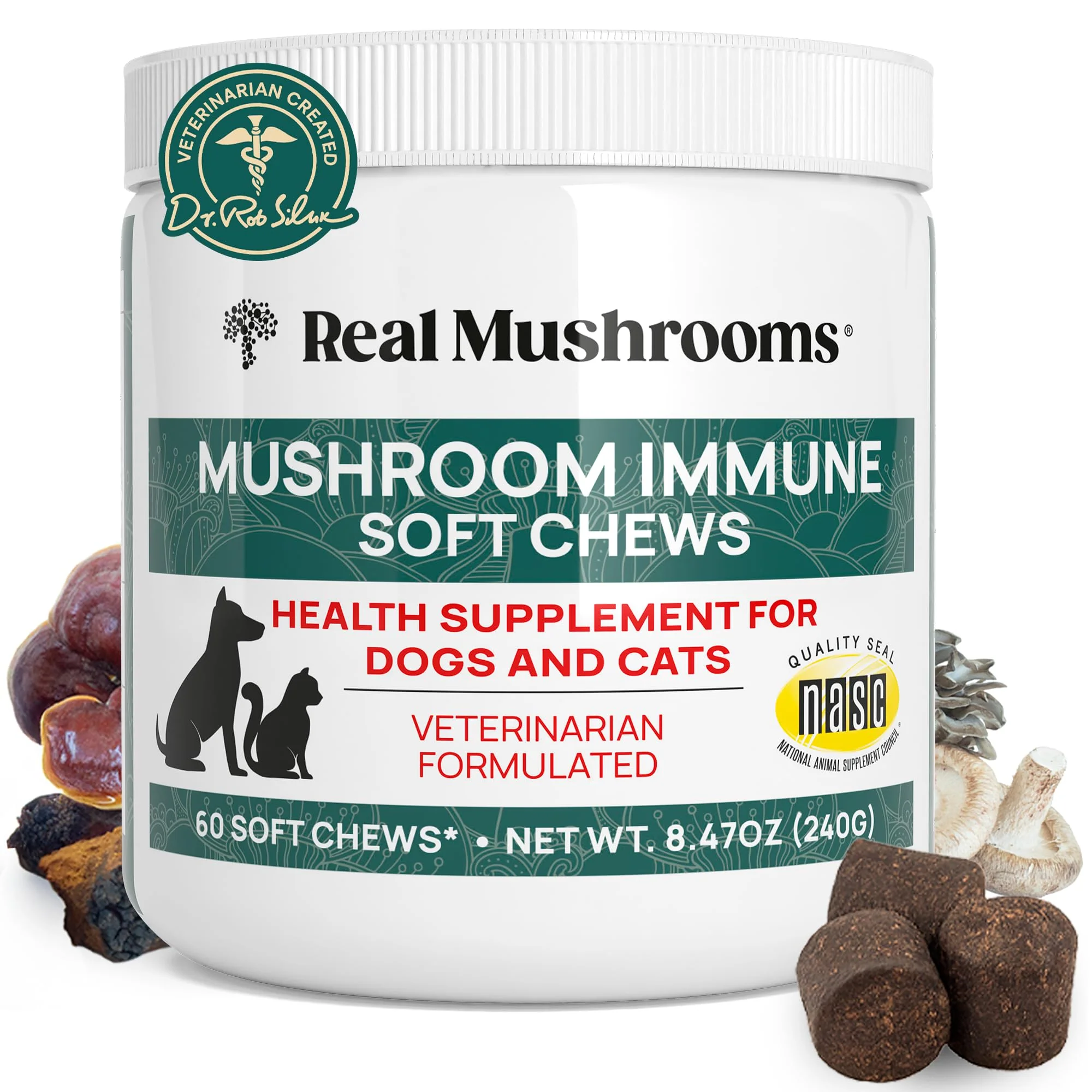 Refined Mushrooms Immune Pet Chews – Daily Digestive Immune Support for Dogs Cats 60 Count Solid