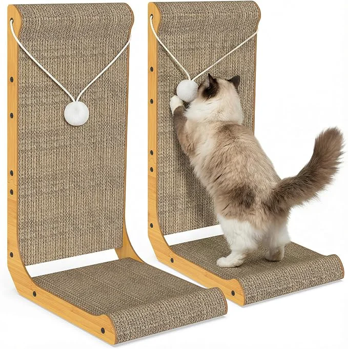Convenient 2-Pack Cat Scratching Board 25.6” Tall L-Shaped Cardboard Cat Scratcher with Hanging Ball Toy Raised Edges Vertical Cat Scratching Post for Indoor Cats Wall Couch ProtectorAbout ThisOverview High-End