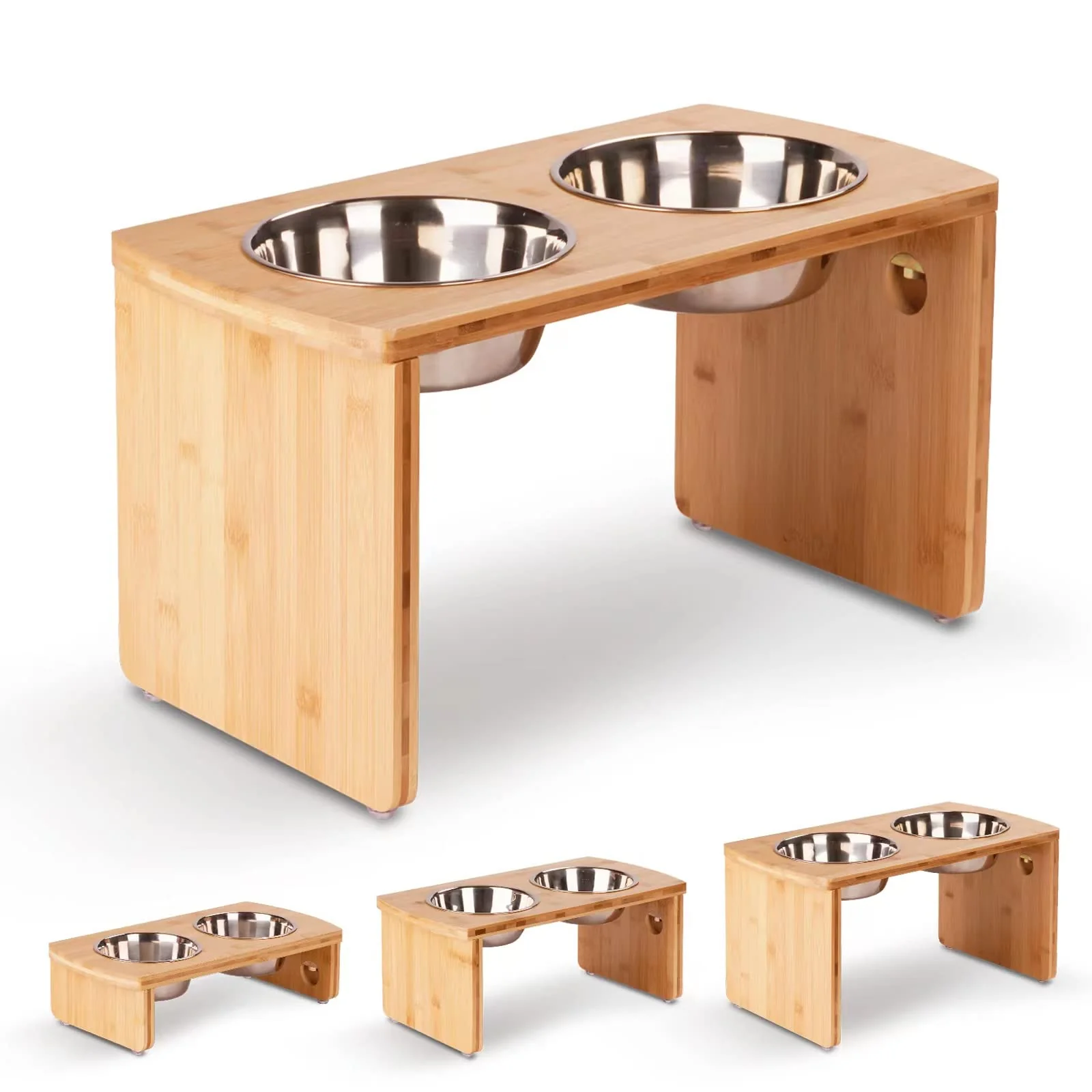 World-Class JOYOPAW d Bamboo Raised Dog Bowl for Large Dogs — 13” Tall 2 Stainless Steel Bowls User-Friendly