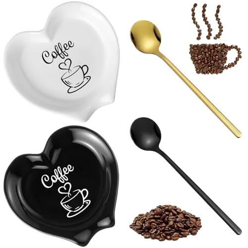 Original 2 Pcs Ceramic Coffee Spoon Rest with Spoon Small Heart Black White Stirrer Holder Bar Station Accessories Decoration Lover Housewarming Gift 2 Count Top-Quality