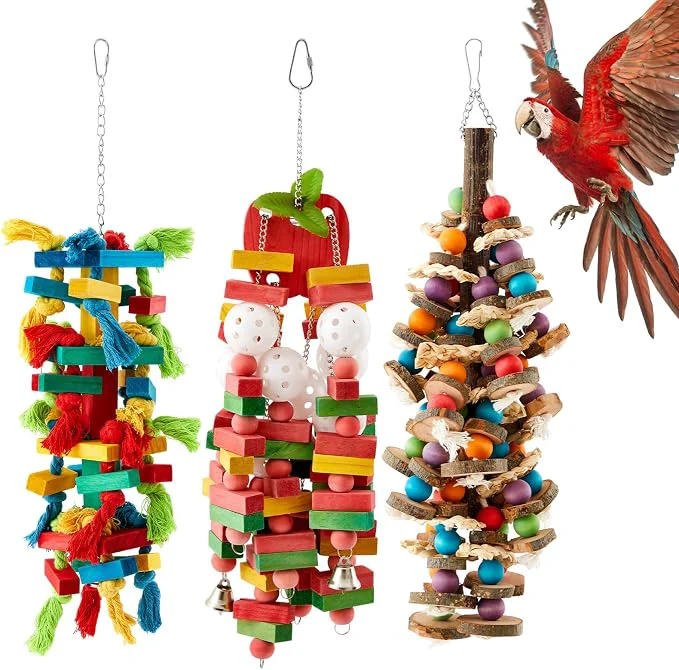 Certified 3 Pcs Extra Large Bird Parrot Toy Multicolored Natural Wooden Parrot Cage Functional