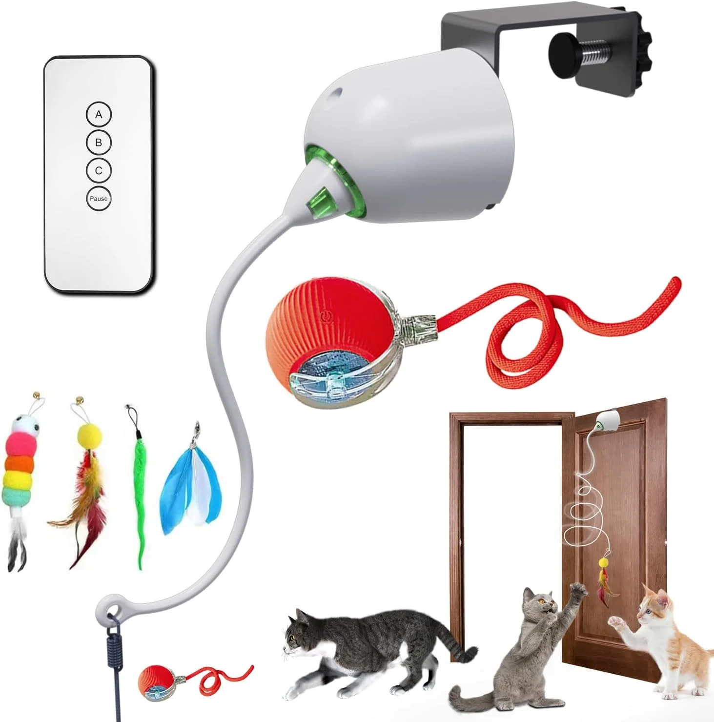 Efficient Cat Toys Hanging Door Electric and Moving Ball Cats Toy Interactive for Indoor for Bored Feather Toys Kitten Rechargeable Door Hanging Automatic Retractable String（White） Expertly Made