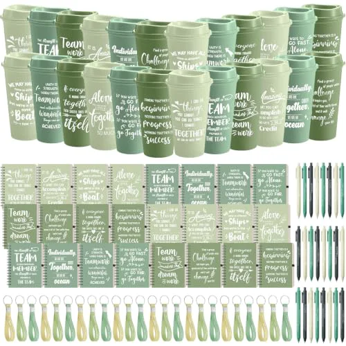 Green 24 Set 96 Pcs Team Appreciation Gift Set Inspirational Employee Appreciation Gift Bulk 16 oz Coffee Cups with Team Notebook Pen Keychains for Staff Teacher 24 Count Sustainable