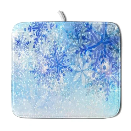 Refined 16 x18 Winter Blue Snowflakes Dish Drying Mat Christmas Snow Falling Nature Ice Dish Drainer Mats for Kitchen Microfiber Reversible Dish Drying Rack Pad for Countertop Tabletop Decor Dependable