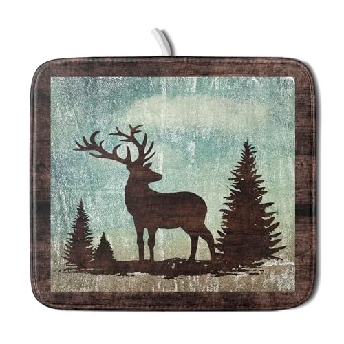 Flexible Retro Deer Forest Cabin Silhouette Dish Drying Mat Countertop 16×18 Fall Blue Sky Cloud Cartoon Elk Wild Animal Bushes Drainer Mat Pine Tree Grass Dishes Pad Rustic Dish Drainer Rack Reusable