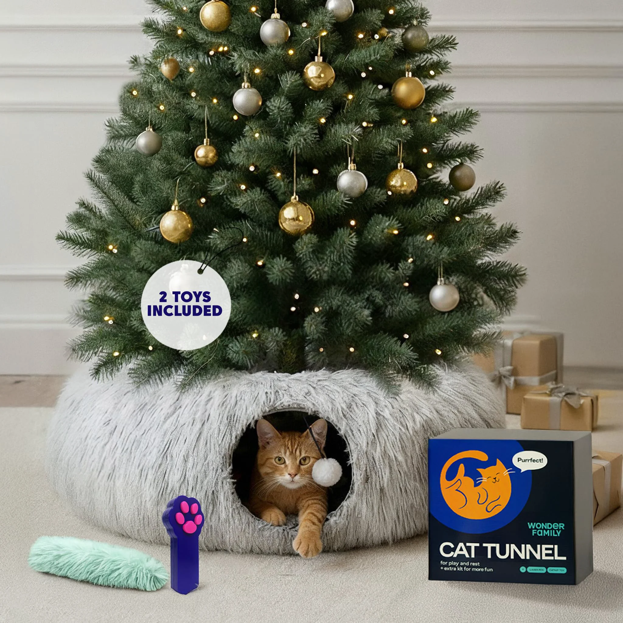 Official Wonder Family Cat Donut Tunnel Bed – XL Plush Circle Hideaway 3-in-1 Foldable Playground Cozy Cave Crafted