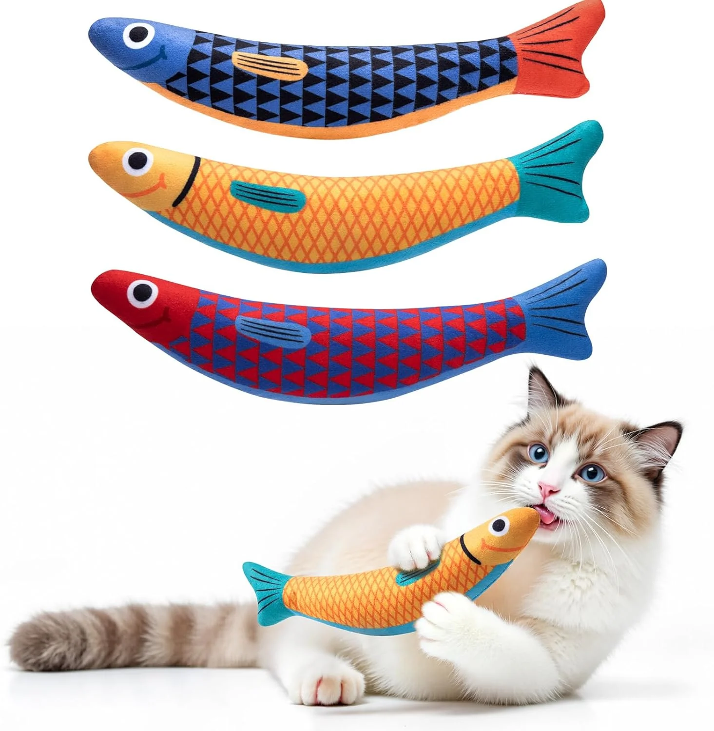 Excellent Interactive Cat Toys with 5000mg Premium A Catnip Baby Grade Soft Chew Kicker Cat Toys for Indoor Cats Kittens Crinkle Rattle Fish Sound Toy Drives Bored Cats Crazy with Fun 3 Pack Contemporary
