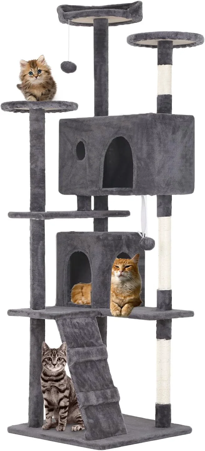 User-Friendly FDW Cat Tree 70in Cat Tower Multi-Level Durable Cat Scratching Post Cozy Fun Cat Jumping Platform Space Saving Cat Condo Pet Play House for Indoor Cats Light Gray Soft