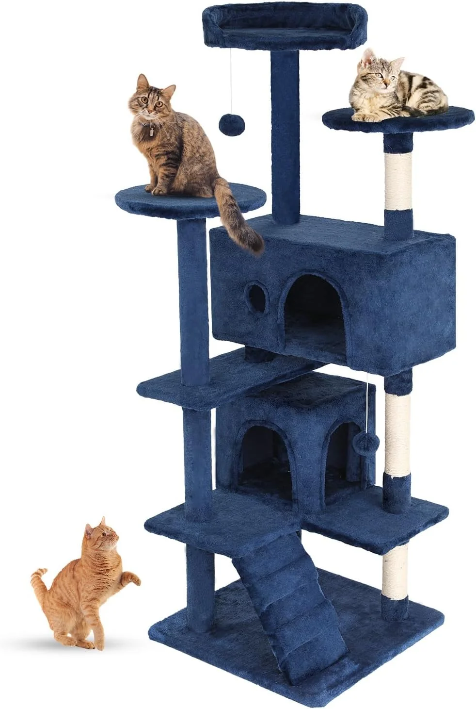Organic FDW Cat Tree 54in Cat Tower Multi-Level Durable Cat Scratching Post Cozy Fun Cat Jumping Platform Space Saving Cat Condo Pet Play House for Indoor Cats Navy Blue Luxury