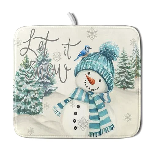 Efficient Blue Snowman Dish Drying Mat Xmas Trees Bird Winter Snowy Scene Dish Drainer Mats 16 x18 Microfiber Reversible Dish Drying Rack Pad Protector for Kitchen Countertop Decor Optimized