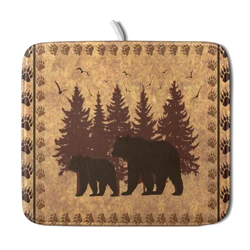 Breathable 16 x18 Brown Bear Dish Drying Mat Rustic Forest Wildlife Woodland Dish Drainer Mats for Kitchen Countertop Farmhouse Animal Paw Print Fast Dry Microfiber Dish Drying Pad Decoration Smooth