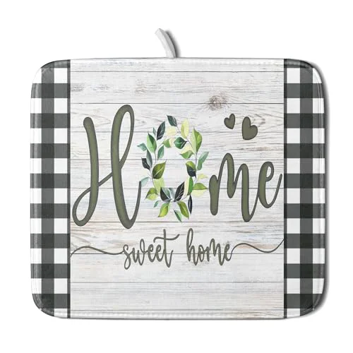 Efficient Home Sweet Home Dish Drying Mat 16×18 Inch Spring Summer Green Leaf Wreath Dish Drainer Mats Rustic Wood Board Microfiber Dish Drying Rack Pad for Kitchen Countertop Farmhouse Decor Luxury