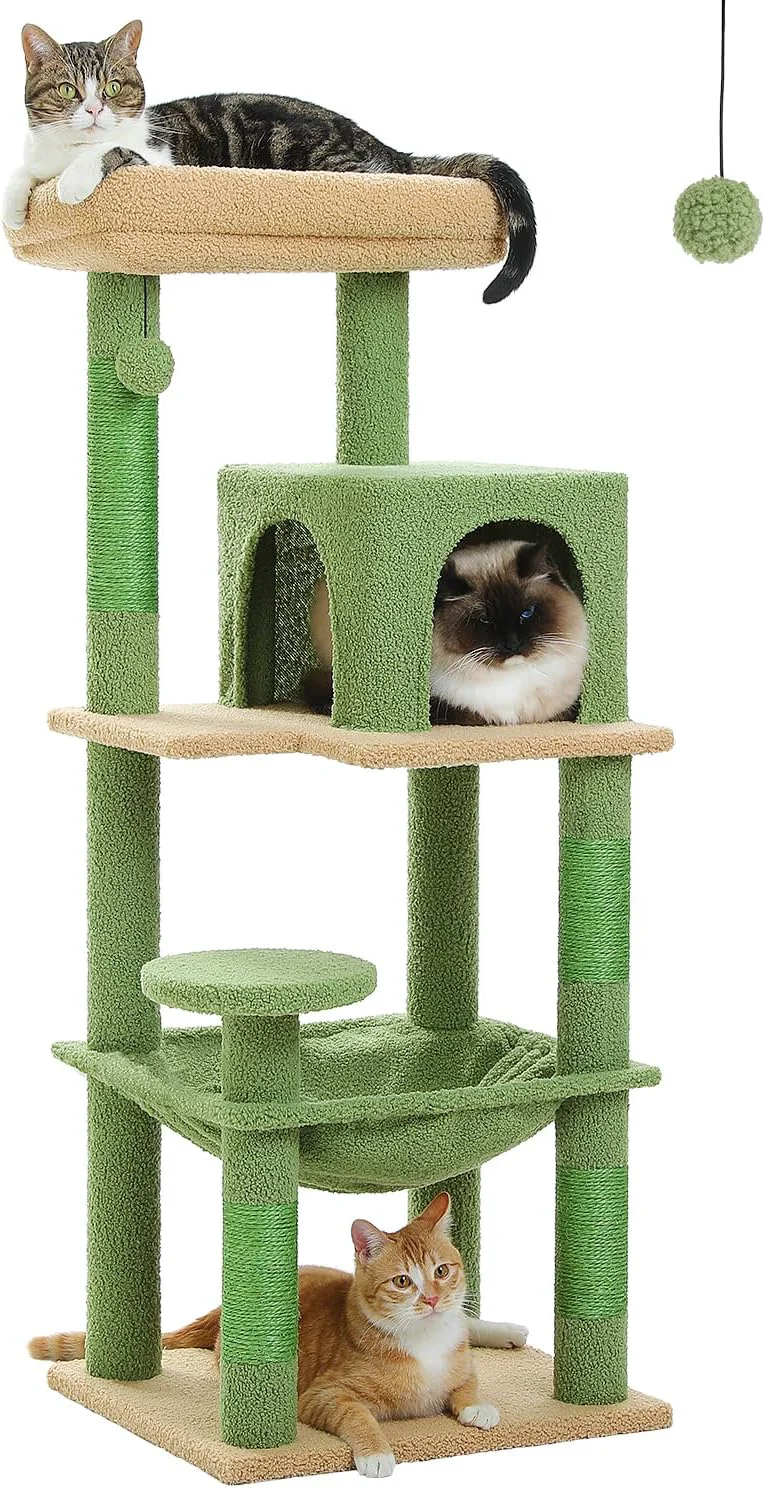 Breathable Cactus Cat Tree for Indoor Cats 45.7 Multi-Level Cat Tower with Large Metal Frame Hammock Cat Condo with 4 Scratching Posts and Top Perch Green World-Class