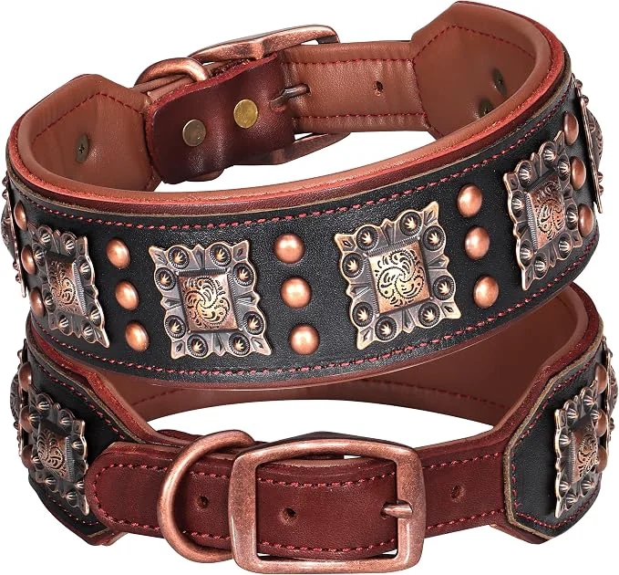 Prestigious PET ARTIST Upgrade Padded Leather Dog Collar 2 inch Wide Leather Dog Trendy