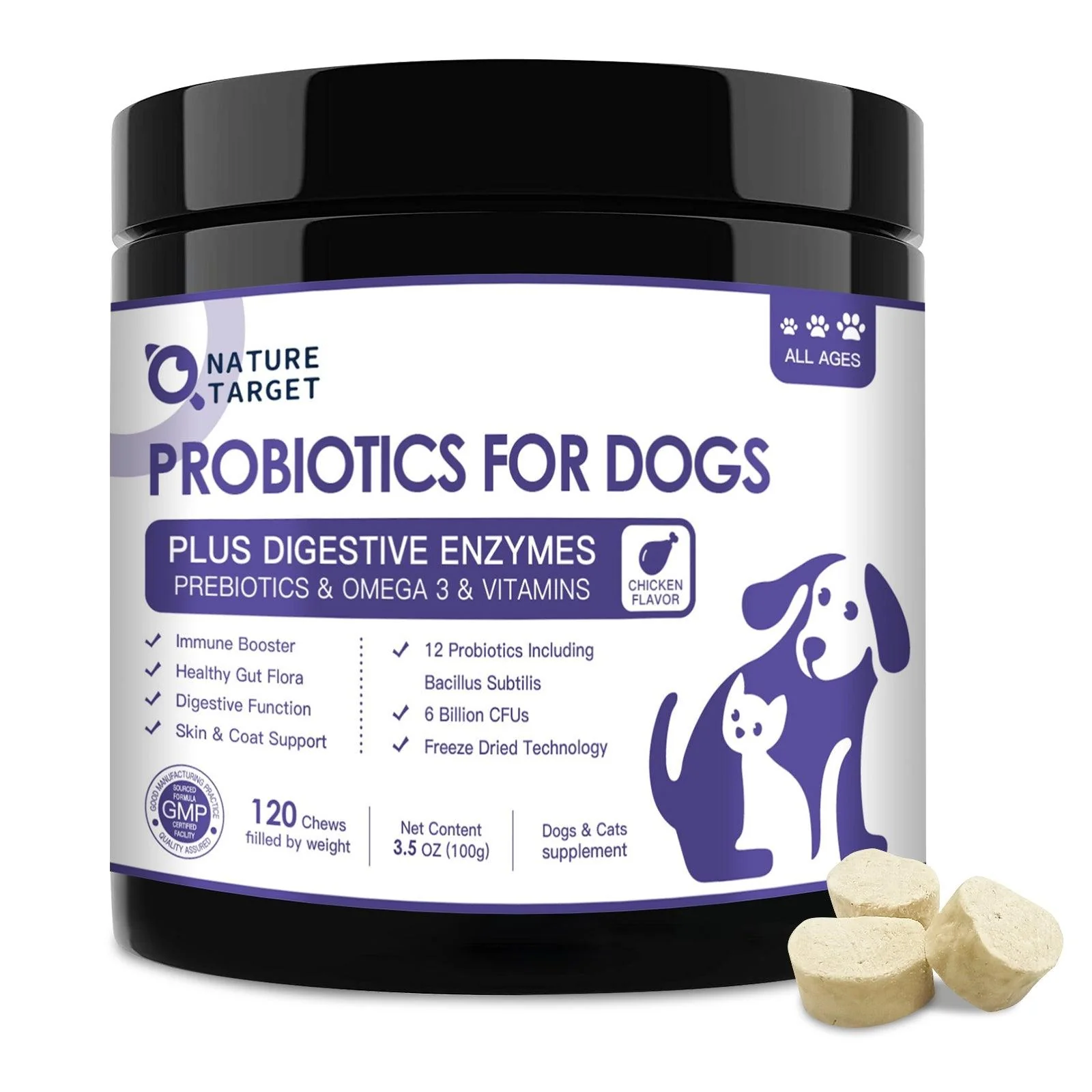 Stylish Probiotics 6B CFUs Omega-3 for Dogs Cats Chicken Flavor 120 Chews Practical