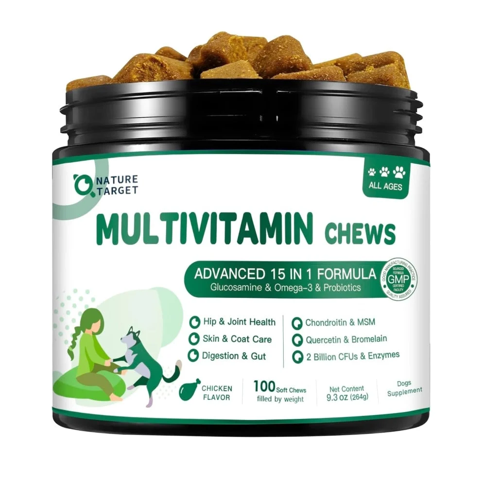 Sustainable Dog Cat Multivitamin 15-in-1 Glucosamine 450mg MSM 120mg Chicken Flavor 100 Softgels Reusable