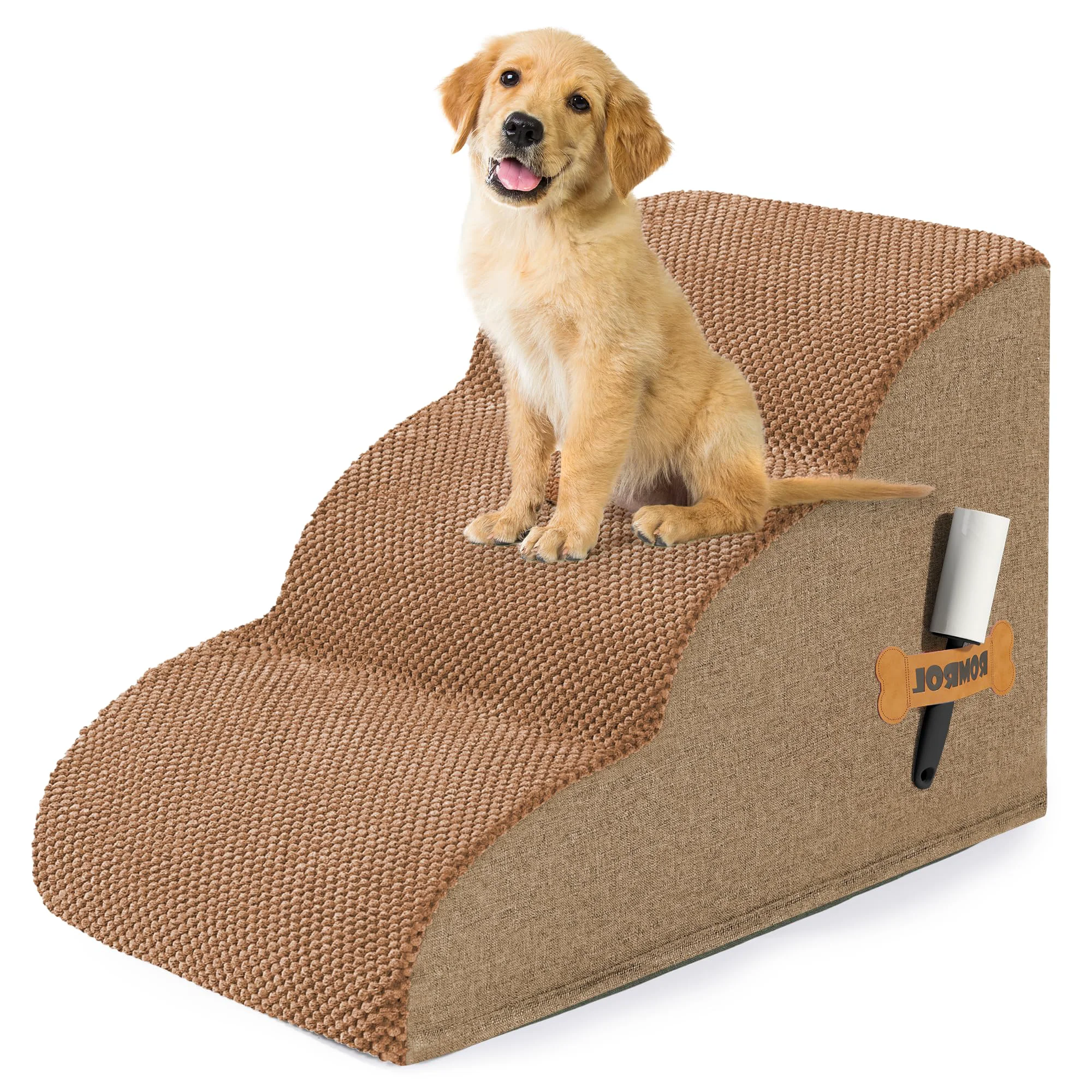 Versatile ROMROL 3-Step Dog Stairs Ramp – 15-Inch Non-Slip Waterproof Cover for Beds Couches Light Brown Pure
