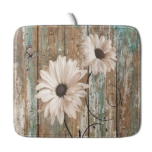 Outstanding Rustic Daisy Board Dish Drying Mat for Kitchen Countertop 16×18 inch Fall Sunflower on Wooden Plank Dish Drainer Mats Fast Drying Country Shabby Chic Vintage Kitchen Drying Decor