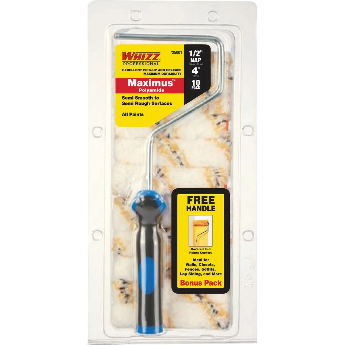 Dependable Whizz Maximus 4 In. x 1 2 In. Semi-Smooth To Semi-Rough Paint Roller Cover Frame 10-Pack Secure