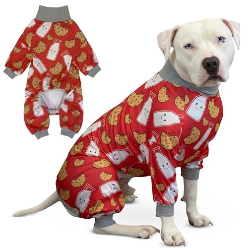 Consistent Tooth Honey Pitbull Dog Pajamas – Red Milk Cookie Print Onesie for Medium Dogs Trendy