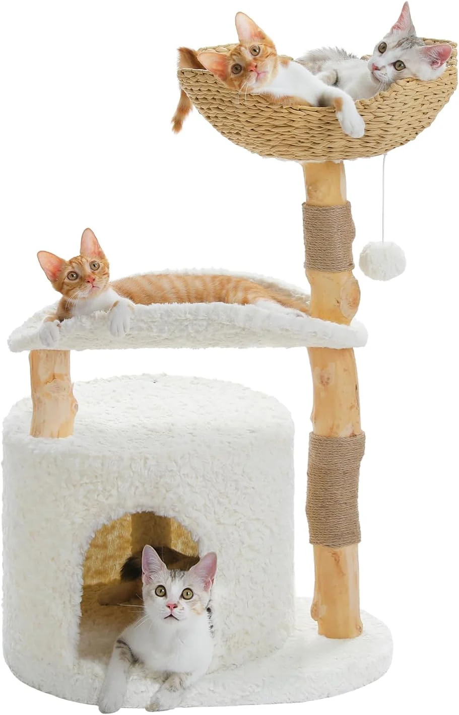Superior PAWZ Road Cat Tree for Indoor Cats Large Adults 38 Inches Modern Cat Tree Tower with Spacious Wicker Basket Natural Solid Wood Scratching Posts Curved Bed Luxury Cat Condo for Large Cat Breathable