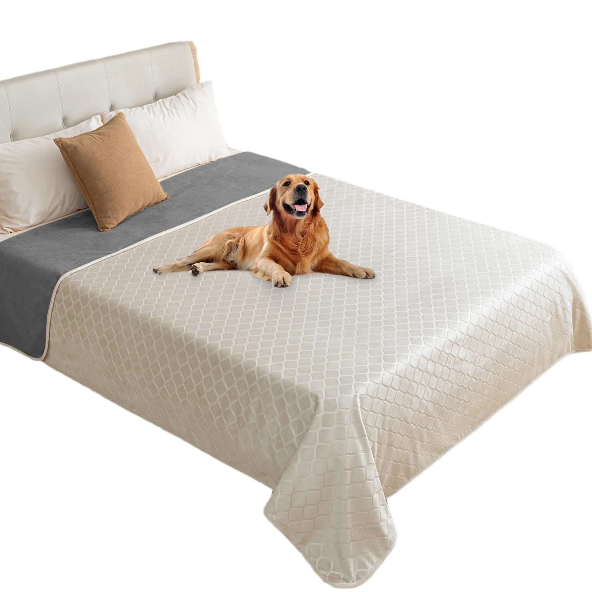 Reusable fuguitex Waterproof Dog Blanket Cover – Plush Moroccan Velvet 82×82 in Cream Grey Effective