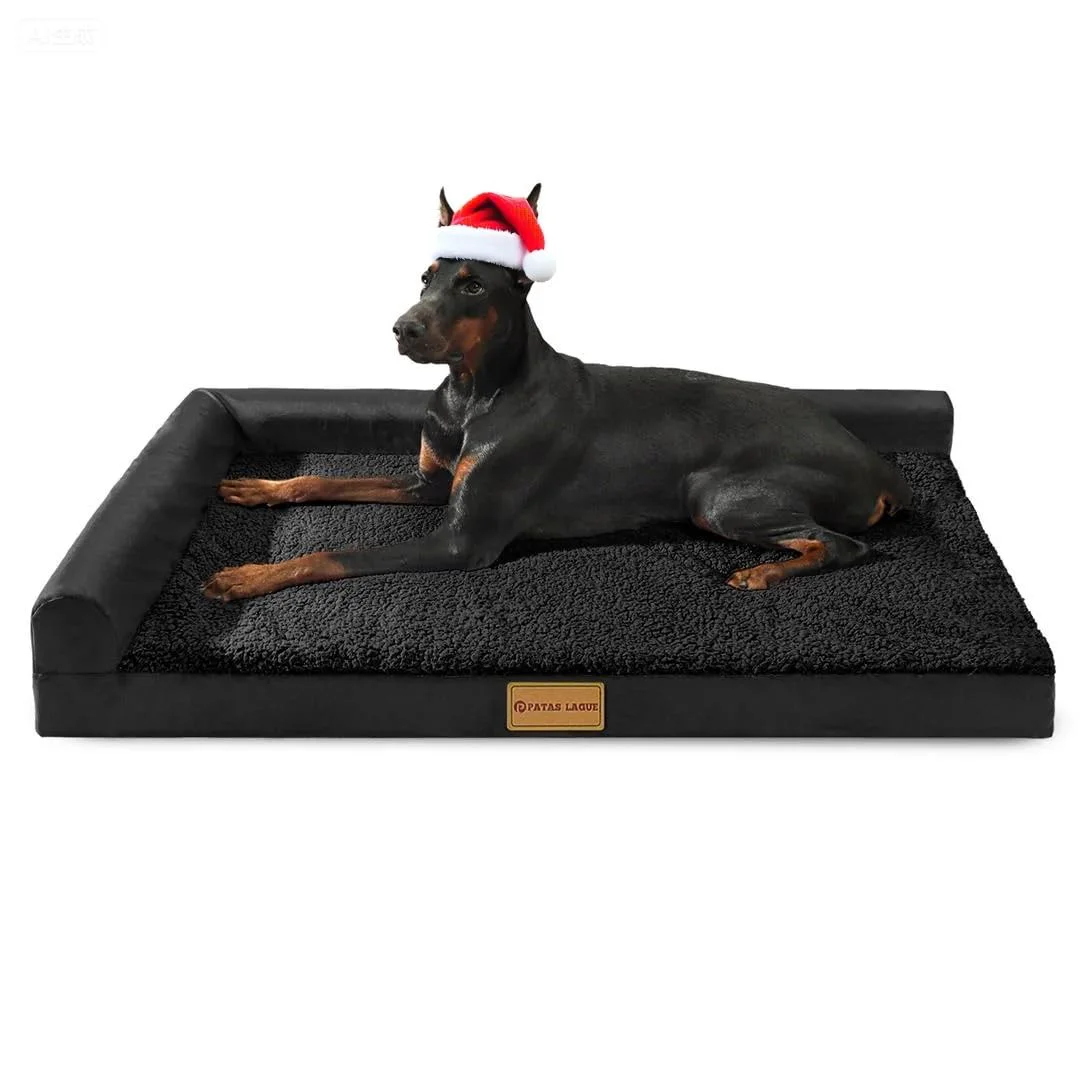 Environmentally Friendly Patas Lague Orthopedic XL Dog Bed 42×28 in – Waterproof L-Shaped Bolster Removable Cover Non-Skid Bottom Lightweight