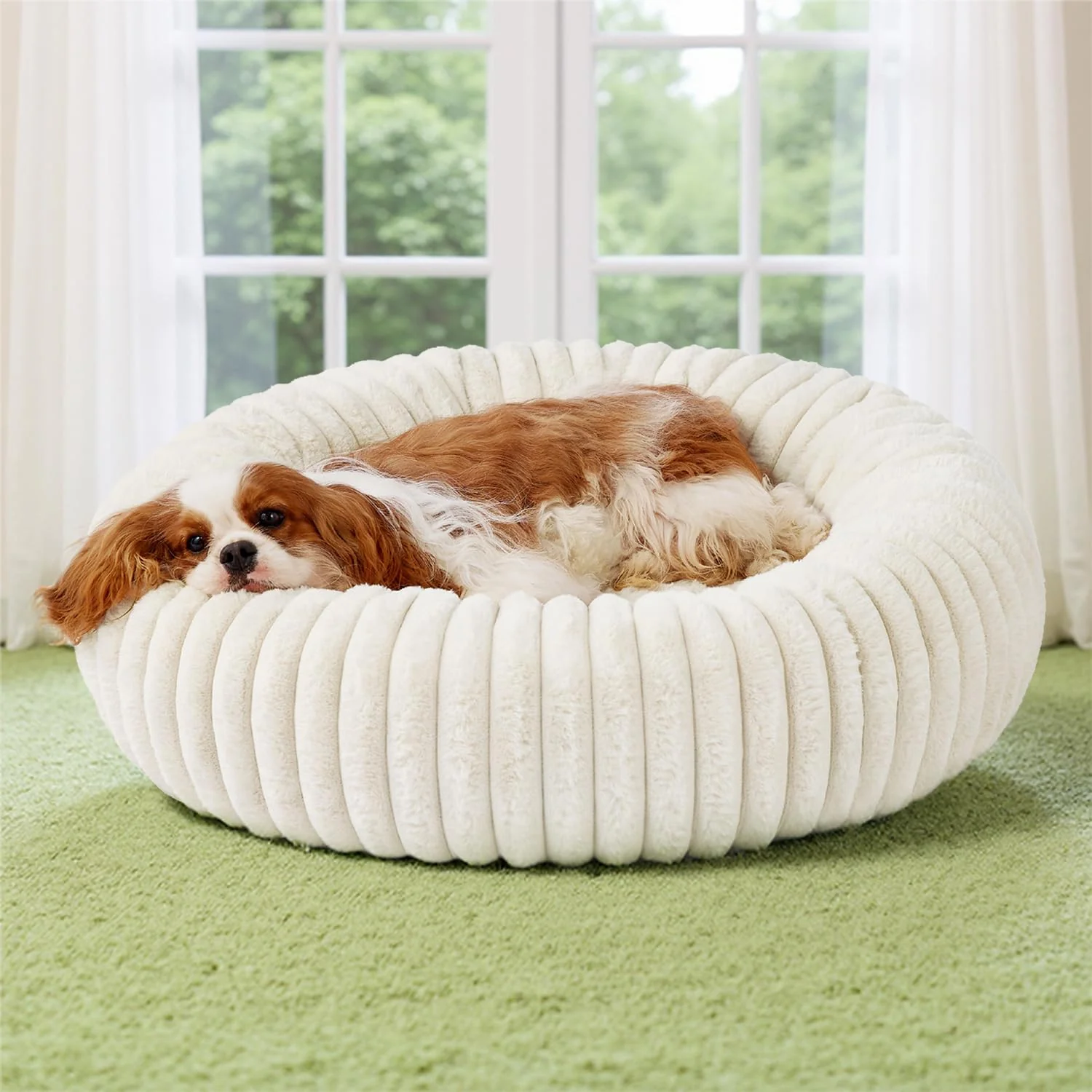 Elite Bedsure Donut Medium Dog Bed – Washable Faux Fur Corduroy Fleece Anti-Slip Round Bed 30x30x8 in Cream Comfortable