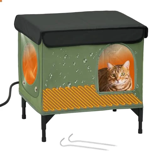 Lightweight PAWPROVED Heated Cat House for Outside – Insulated Outdoor Shelter with Escape Door Heating Pad Organic