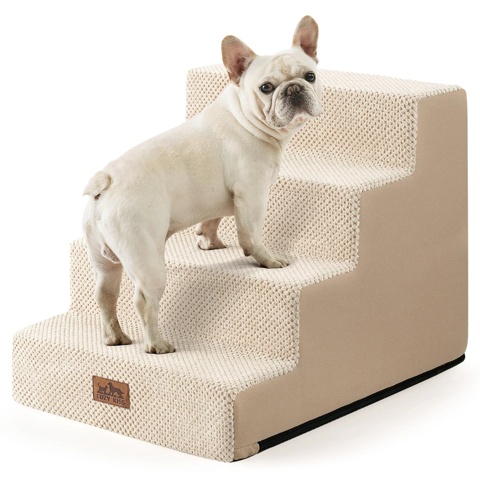Secure COZY KISS 4-Tier Wide Dog Stairs for Small Dogs – Non-Slip 17.7-inch High – Beige Recyclable